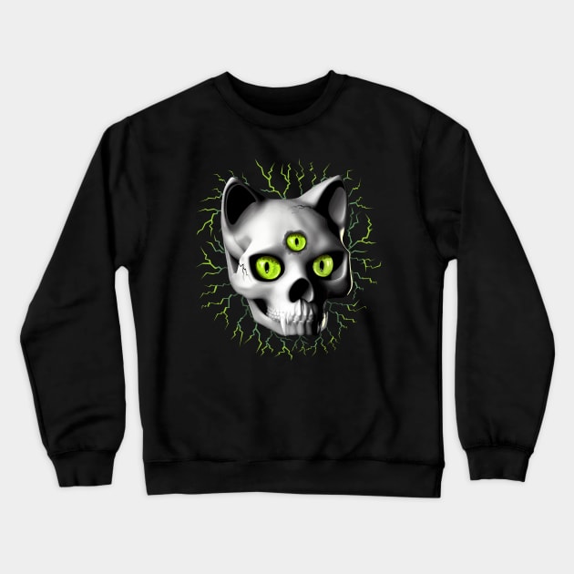 Cat Skull Three Eyes Creepy Surreal Horror Portrait Crewneck Sweatshirt by BluedarkArt